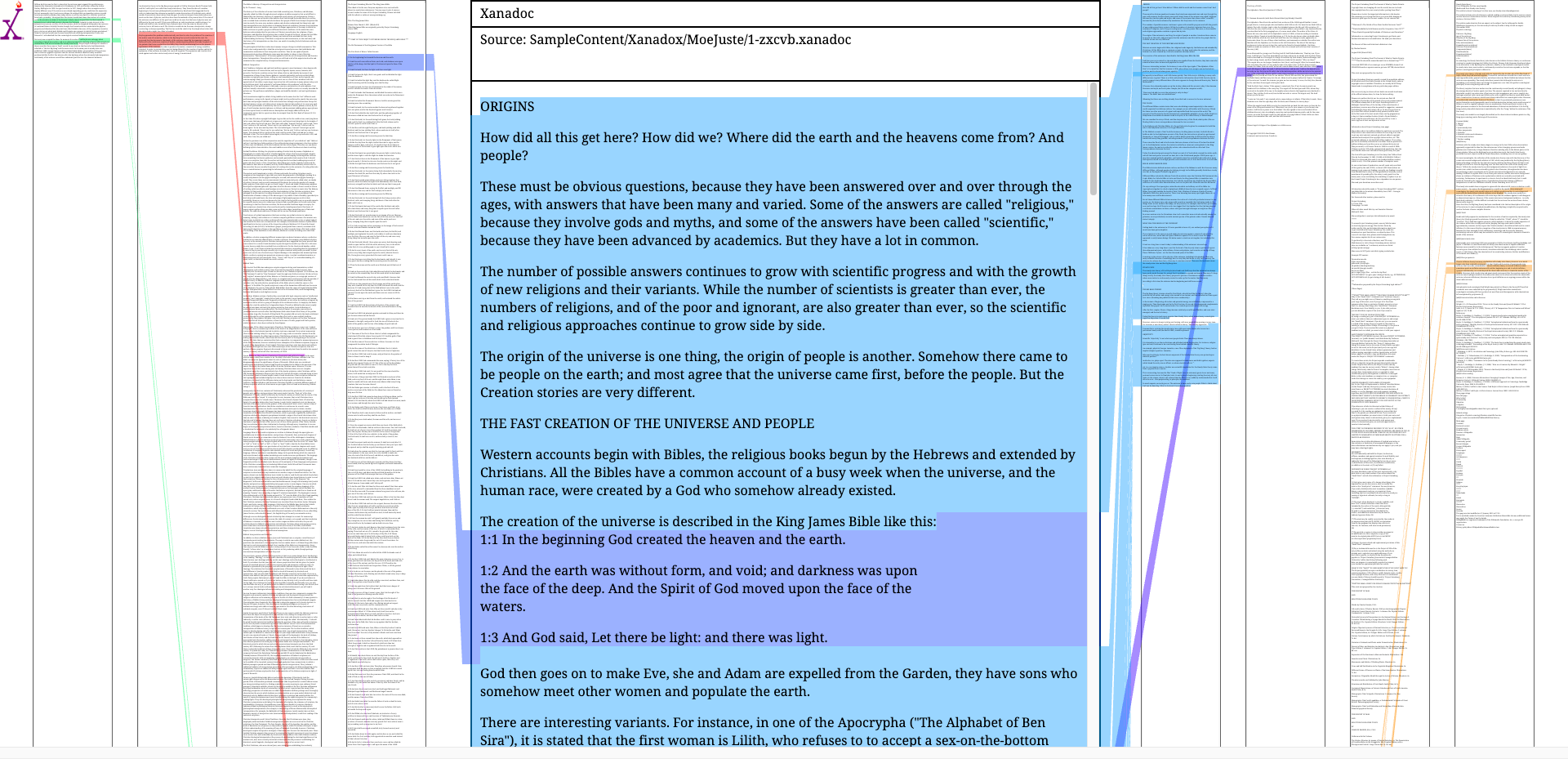OpenXanadu 데모. 두 문서 사이의 연결이 시각적으로 드러난다.